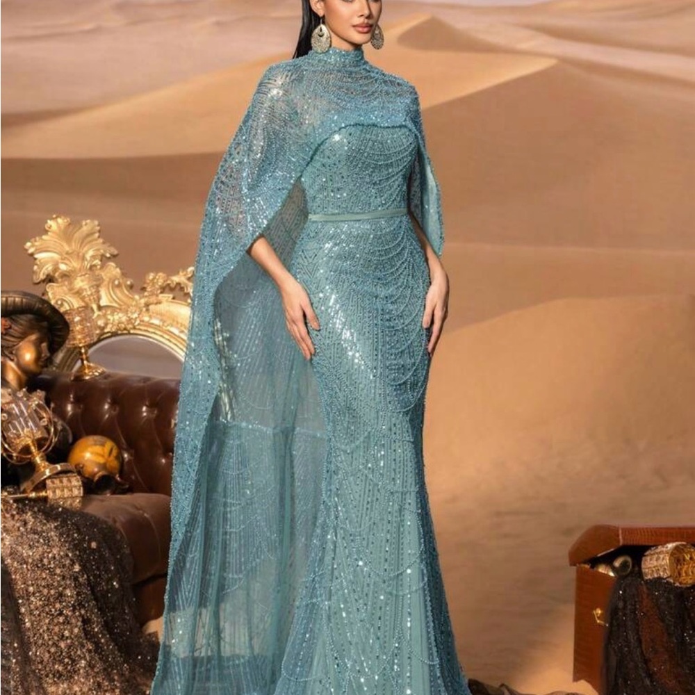 Faeriesty Teal Beaded Cape Gown